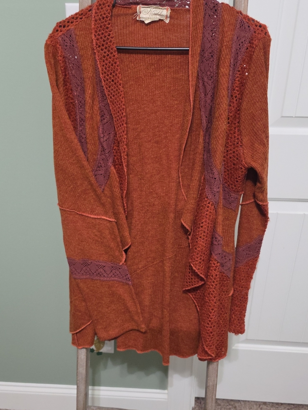 Nick & Mo Rust Open-Front Knit Cardigan with Plum Accents